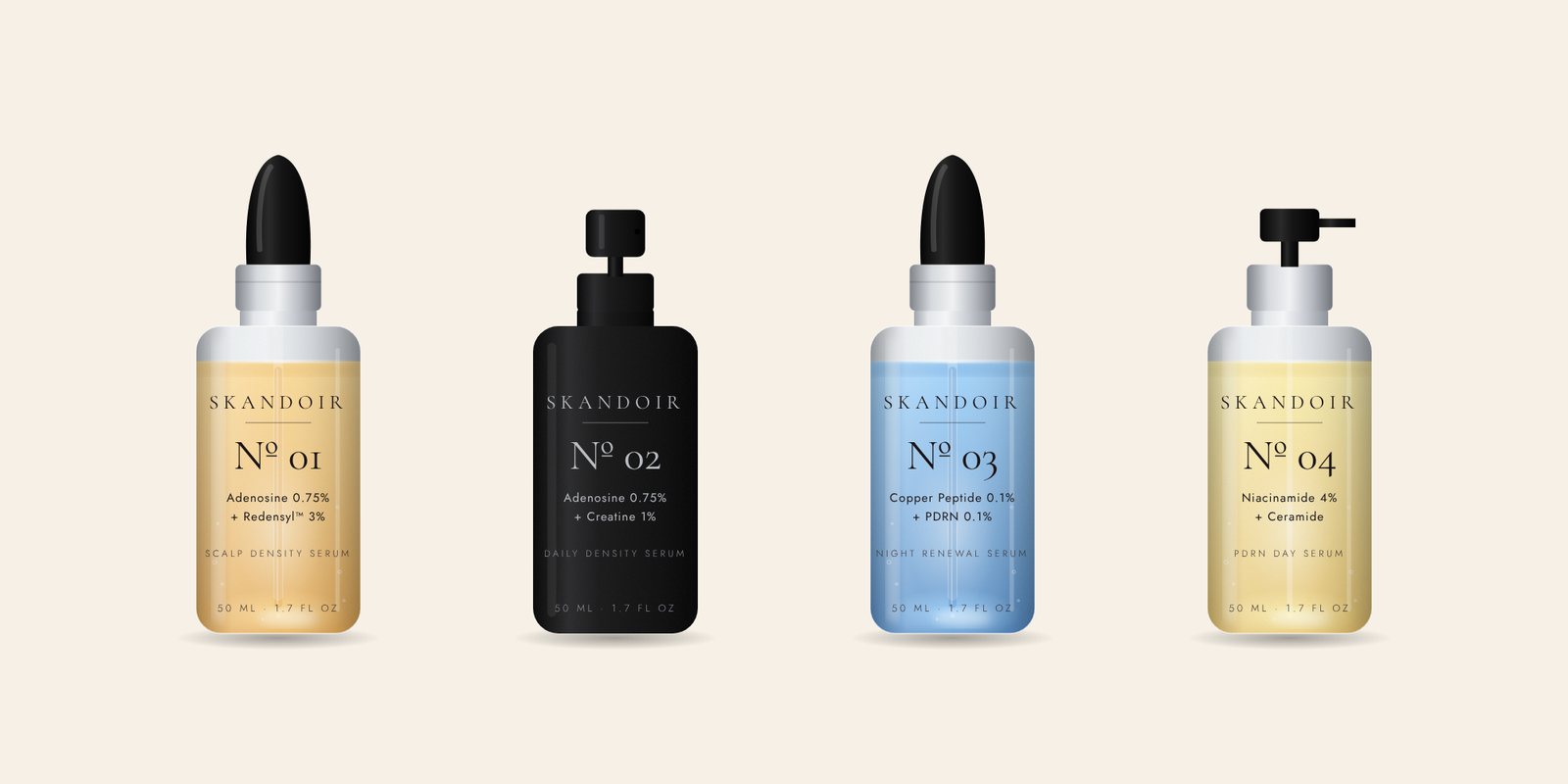 The four Skandoir serums side by side: Nº 01 pale amber, Nº 02 full black, Nº 03 copper blue and Nº 04 pale gold (packaging render)