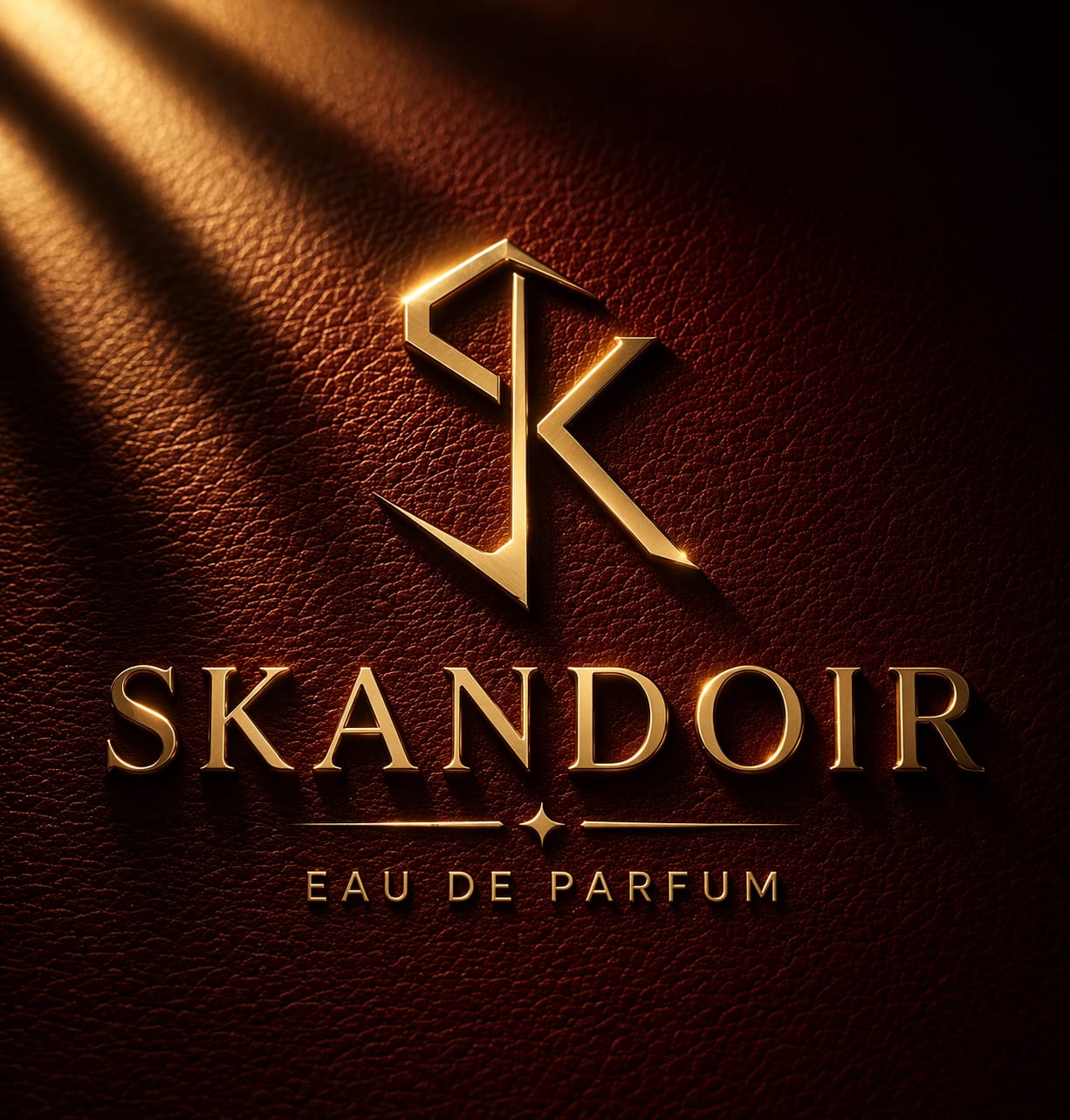 Skandoir Eau de Parfum — gold lettering on oxblood leather